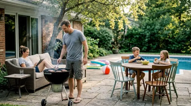 Family enjoys backyard patio near pool