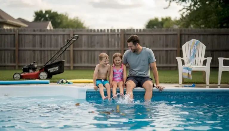 Indiana family relaxing beside fiberglass pool