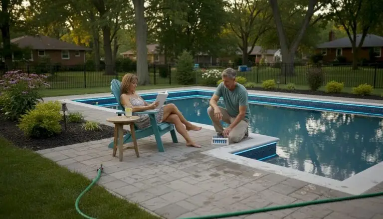 Remodeled backyard pool with couple relaxing nearby
