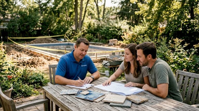 Pool contractor consults with homeowners in backyard