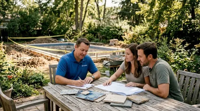 Pool contractor consults with homeowners in backyard