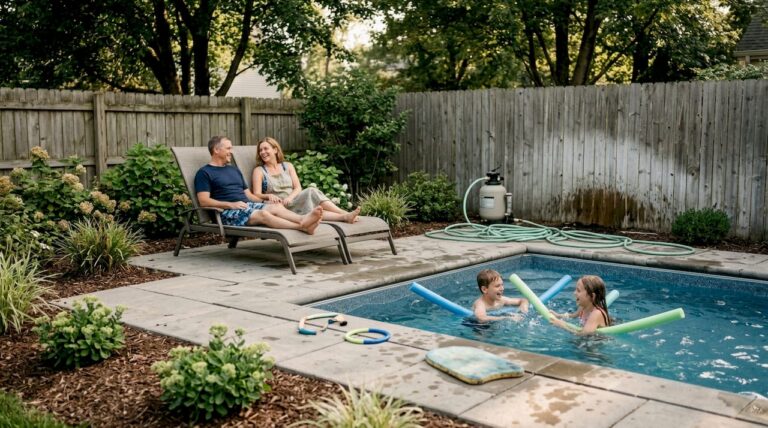 Family enjoying pool with easy landscaping