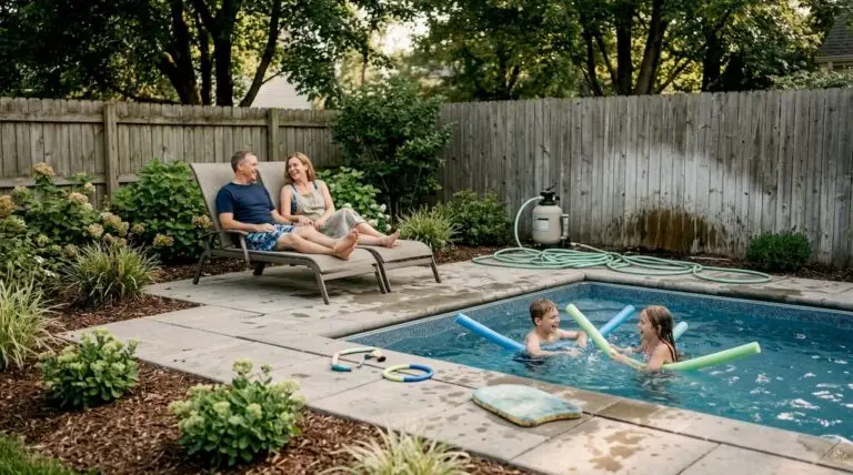 Family enjoying pool with easy landscaping