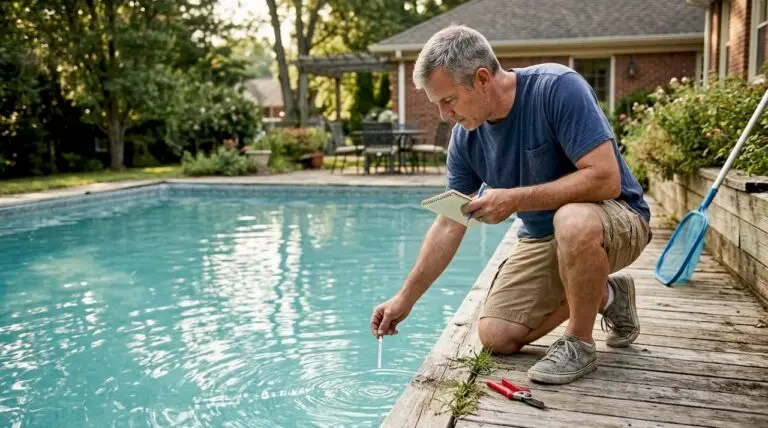 Homeowner testing pool water in backyard