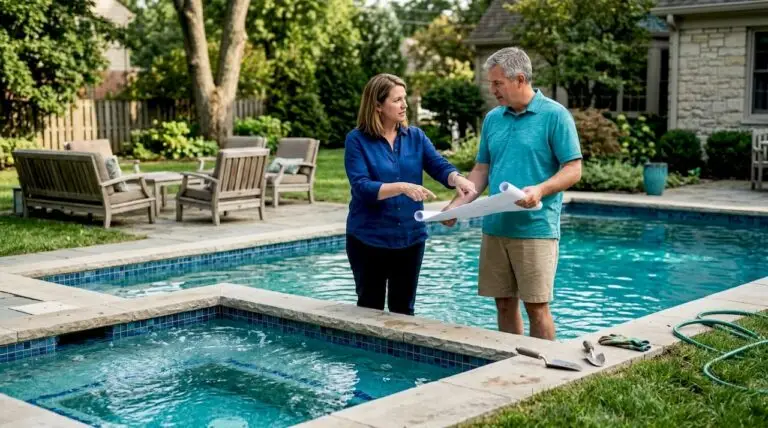 Couple planning beside backyard pool and tub