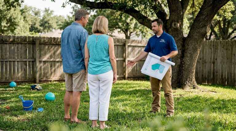 Couple with contractor evaluating pool site