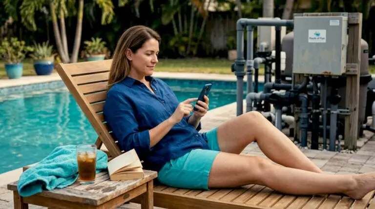 Homeowner using pool automation app beside pool