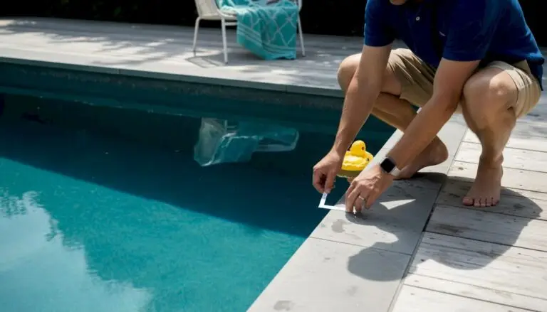 Man testing backyard pool water strip